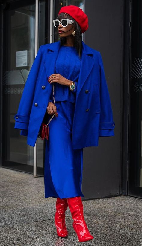 Colorful High Fashion Outfits, Pop Of Color Winter Outfit, Rocky Blue Outfits, Royal Blue And Red Outfit, Bold Winter Outfits, Winter Blue Outfit, Royal Blue Palette, Cobalt Blue Outfits, Winter Color Palette Clothes