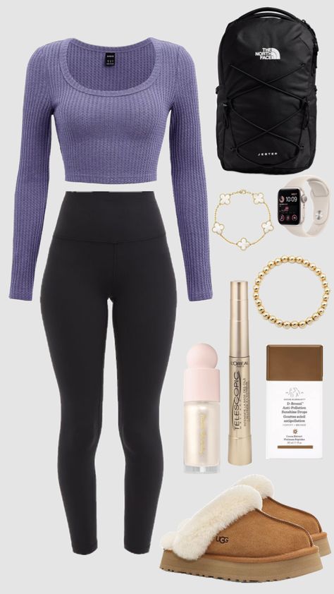 happy tuesday <3 #taylorswift #outfit #pink #skincare #makeup #cute #school #purple #lululemon #preppyfit #cozy #comfy Purple Leggings Outfit, Outfit Ideas For School Leggings, Cute Lululemon Outfits, Everyday Outfits Fall, Pink Skincare, Makeup Cute, Purple Lululemon, Leggings Outfit Casual, Lululemon Outfits