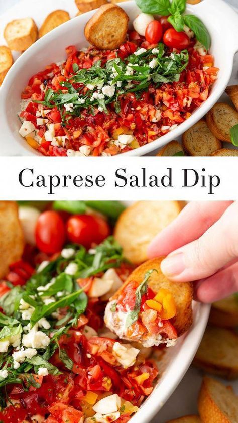 Save this recipe! Follow for more appetizers. THIS cold caprese dip is my FAVORITE summer appetizer. It's served chilled so no hot oven involved. It's refreshing, flavorful, and you absolutely can't stop with one bite. Caprese Appetizer Dip, Caprese Dip Cold, Caprese Salad Dip, Italian Dips Appetizers Cold, Summer Party Dips Cold, Pool Party Dip Recipes, Tomato Caprese Appetizer, Easy No Cook Appetizers For A Party, Summer Dip Ideas