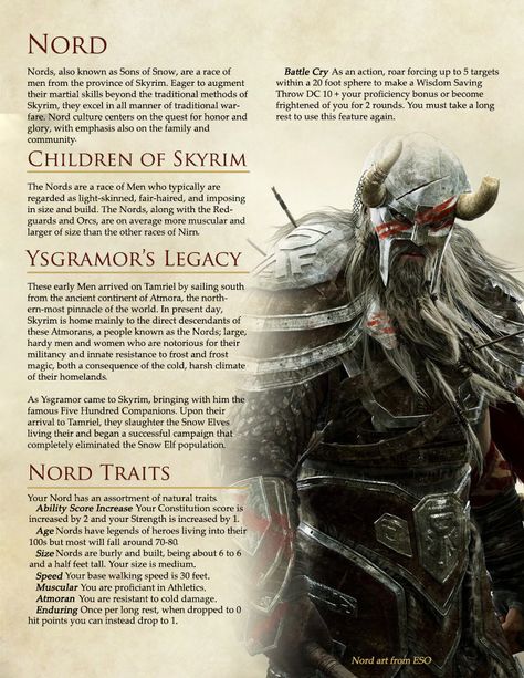 The Elder Scrolls Races in DnD Version 2 - Album on Imgur Elder Scrolls Nord, Skyrim Dnd, Elder Scrolls Races, Skyrim Races, Skyrim Lore, Homebrew Races, 5e Races, Elder Scrolls Lore, Dungeons And Dragons Races