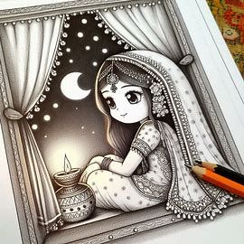 Karva Chauth Drawing, Karwa Chauth Drawing, Dulhan Sketch Pencil, Radha Krishna Pencil Colour Drawing, Pencil Art Drawings Radha Krishna, Radha Rani Pencil Sketch, Pencil Sketch Images, Old Images, Krishna Art