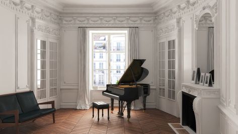 A Steinway is at the heart of this cultured Parisian flat with parquet floors and stunning crown molding. Grand Piano Living Room, Grand Piano Room, Steinway Grand Piano, Piano Room Decor, Piano Living Rooms, Steinway Piano, Teen Boy Rooms, Upright Piano, Baby Grand Pianos