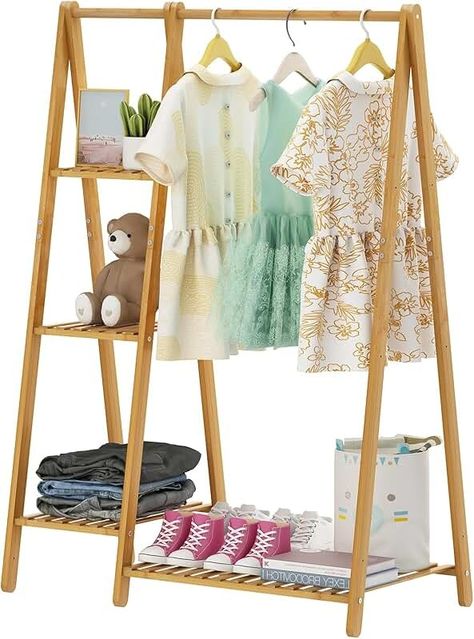 Amazon.com: Freestanding Wood Clothes Rack Small Clothing Rack, Small Clothes Rack, Decoration Organization, Clothes Simple, Kids Clothing Rack, Bamboo Clothes, Side Shelf, Bamboo Planter, Clothes Racks