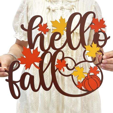 PRICES MAY VARY. HELLO FALL WOODEN SIGN: Thanksgiving Decorations "hello fall" wooden sign with delicate characters, maple leaves and pumpkins adorned around the text is adorable and fun, easily catching the eye of your guests and bringing warmth and hilarity to your Thanksgiving. WHAT YOU WILL GET: Hello fall wooden sign with "hello fall" characters, suitable size measures 13*9.9inch. The hello fall wooden door hanging decor can be hung on the porch, wall, and also can be used as a cozy decorat Fall Characters, Fall Door Sign, Fall Harvest Party, Hello Fall Sign, Fall Wood Signs, Harvest Party, Porch Wall, Wooden Letter, Pumpkin Decor