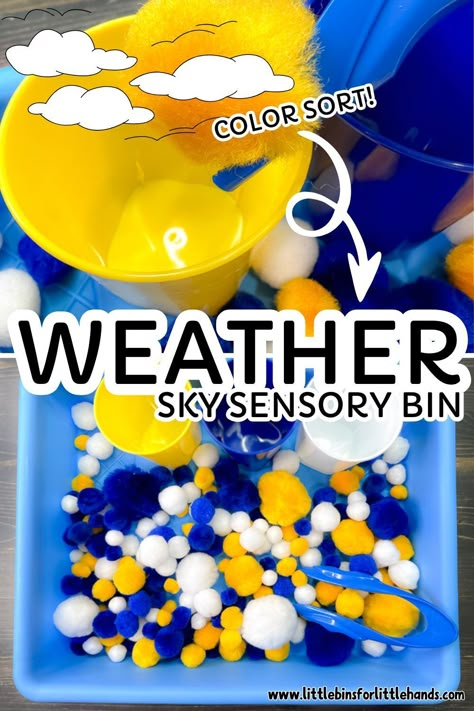 Spring is the perfect time to explore the weather, with April showers bringing May flowers. Put together a simple, non-food sensory bin to explore the sky! Craft this quick and easy weather sensory bin to add to a toddler or preschool science center weather theme, and add our free printable weather playdough mats! Sunny Weather Preschool Activities, Preschool April Themes, Weather Sensory Activities, Spring Weather Activities Preschool, Sun Activities Preschool, Weather Playdough, Weather Sensory Bin, Preschool Spring Activities, Weather Curriculum