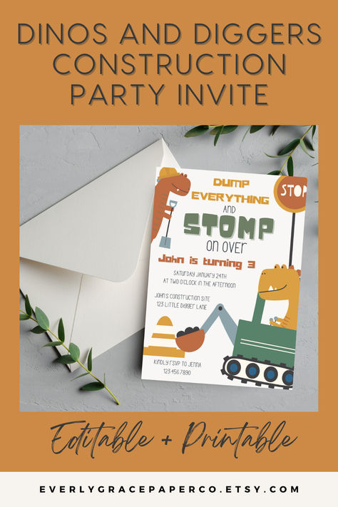 What little boy doesn't love Dinos and Diggers?  This dino construction themed invitation template is the perfect choice for your little one's birthday party! Construction Dinosaur Party, Dino Construction Party, Construction Theme Birthday, Digger Party, Boy Party Invitations, Construction Theme Birthday Party, Construction Birthday Party, Construction Birthday Parties, Construction Theme