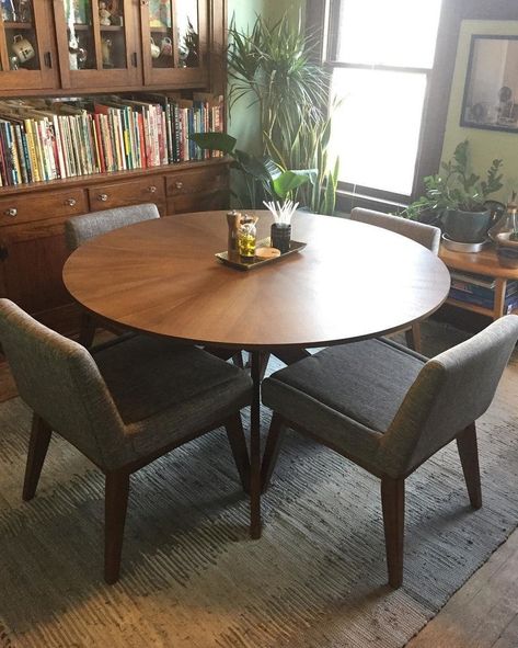 Mcm Dining Table, Round Dining Table For 4, Grey And Brown Living Room, Dining Table For 4, Brown Living Room Decor, Midcentury Modern Dining Table, Stairs In Living Room, Article Furniture, Modern Dining Tables