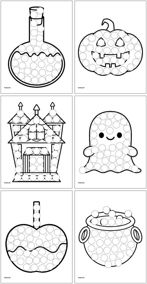 A grid with 6 Halloween themed dot marker coloring pages for toddlers and preschoolers Free Halloween Dot Printables, Dot Painting Preschool Free Printables, Do A Dot Halloween Printables Free, Free Halloween Coloring Pages For Preschool, Halloween Dot Marker Printables Free, Halloween Dot Art Printables Free, Bingo Dotter Printables, No Prep Halloween Activities, Halloween Dot Painting Free Printables