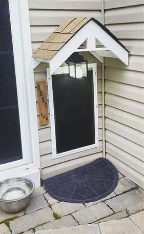 Dog Door Side Of House, Cat Door Outside, Garage Makeover For Dogs, Brand New Home Decor Ideas, Screen Porch With Doggie Door, Wall Doggie Door Ideas, Dog Door Entrance Ideas, Dog Door Decor, Pet Nook Ideas