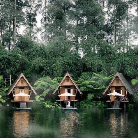 River Side House Cottages, Cabin Architecture Design, River Side House, Bamboo Village, Three House, Casa Hobbit, Bamboo Building, River Side, Jungle House