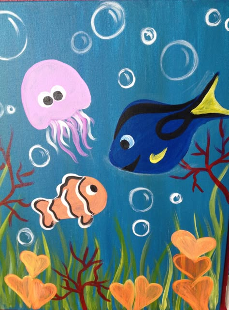 Ocean Animals Painting Acrylic Easy, Under The Sea Canvas Painting, Fish Ocean Drawing, Painting Fish Easy, Summer Animals Drawing, Sea Animal Paintings Easy, Animal Painting Ideas On Canvas, Cute Fish Painting, Easy Animal Paintings For Beginners