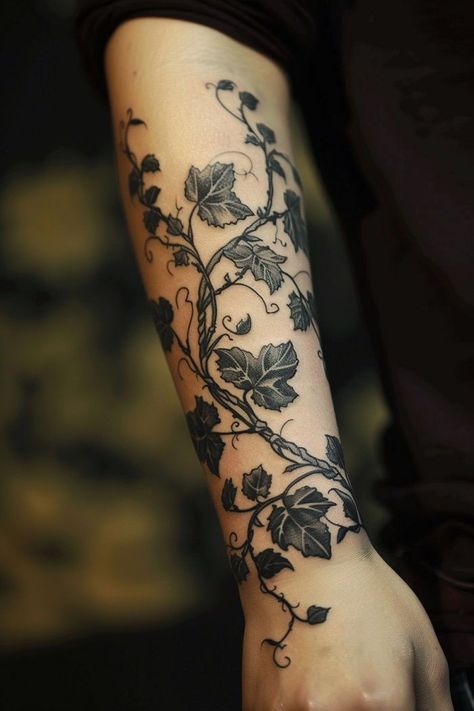 Side Arm Cover Up Tattoos For Women, Flower On Vine Tattoo, Black Purple Tattoo, Dark Girly Tattoos, Vine Tattoos For Women On Arm, Corsage Tattoo, Womans Sleeve Tattoo, Edgy Tattoo Designs, Spooky Cute Tattoo