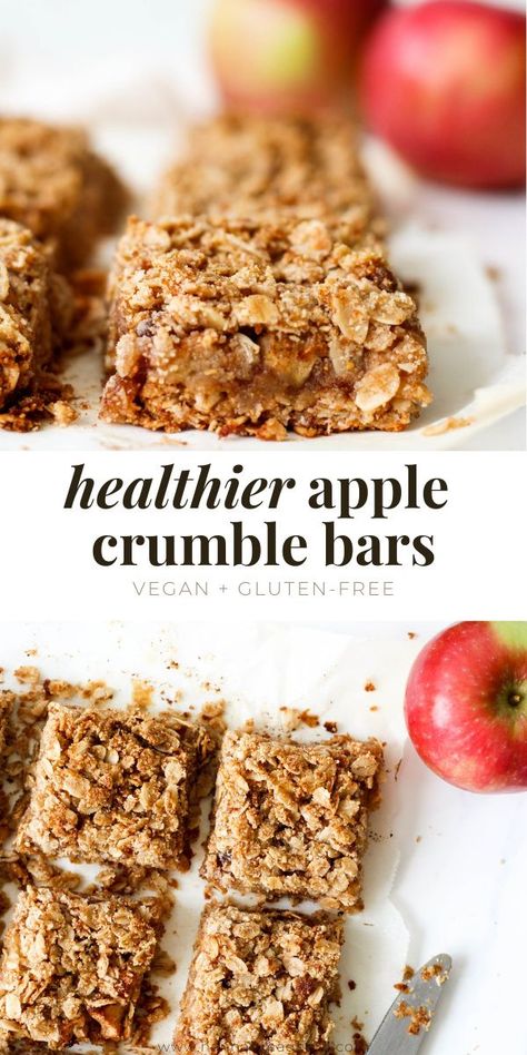 These healthier apple crumble bars are an easy treat that will give you all the fall feelings. They’re made with healthy ingredients and vegan + gluten-free, so the whole gang can enjoy them! #applecrumble #applecrisp #healthydessert #healthybaking #fallbaking Okonomi Kitchen, Gluten Free Apple Crumble, Apple Crumble Bars, Healthy Apple Crumble, Vegan Apple Pie, Apple Bars, Easy Treat, Healthy Vegan Desserts, Vegan Cakes