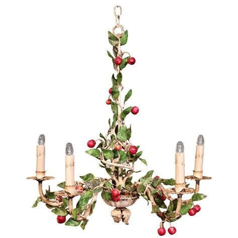 Early 20th Century French Painted Iron And Tole Chandelier With Cherries&leaves Tole Chandelier, Antique Wall Lights, Cherry Leaf, Vine Decoration, Statement Chandeliers, Candle Sleeves, Candle Cover, Round Chandelier, Antique Chandelier