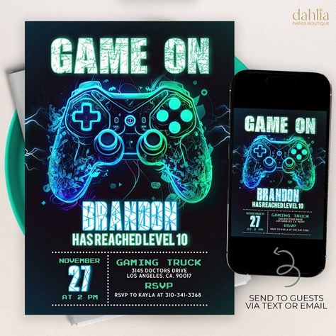 Level Up 10 Birthday, Gaming Invitations, Arcade Party, Video Game Birthday Party, Gamer Party, Video Game Party, Video Games Birthday, Gamer Boy, Game Party