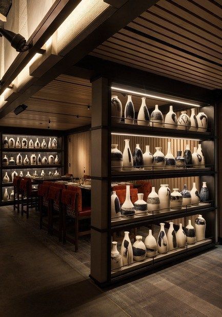 Downtown Restaurant, Japanese Restaurant Interior, Japanese Restaurant Design, Sake Bar, Japanese Bar, Hospitality Lighting, Lighting Concepts, Shelf Lighting, Restaurant New York