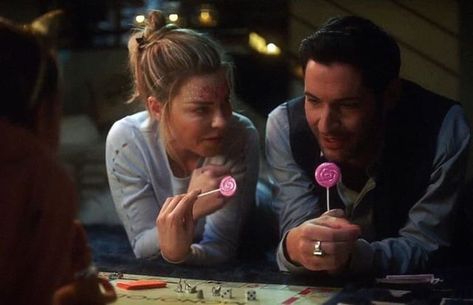 Monopoly night Lucifer And Chloe, Lucifer Quote, Joey Friends, Lesley Ann Brandt, Chloe Decker, Tv Show Couples, Tom Ellis Lucifer, Netflix Tv Shows, Unchained Melody