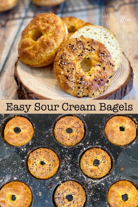 Easy Homemade Sour Cream Bagels Sour Cream Bagels, Easy Bagel Recipe No Yogurt, Quick Bagel Recipe, Bagel Bites Recipe, Gluten Free Bagel Recipe, Healthy Sour Cream, Recipes Using Cream Cheese, Healthy Bagel, Bagel Recipe Easy