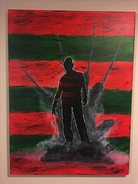 18 x 24 acrylic on canvas of Freddy Krueger Acrylic Horror Painting, Freddy Krueger Canvas Painting, Freddy Krueger Painting Easy, Scary Paintings Easy Canvas, Freddy Krueger Pumpkin Painting, Jason Painting Canvas, Horror Paintings Canvas, Freddy Kruger Art, Freddy Krueger Painting