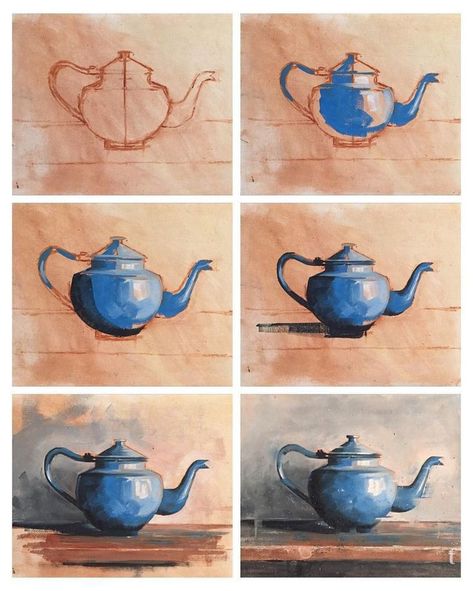 Watercolor Teapot, Teapot Painting, Materi Bahasa Jepang, Blue Teapot, Object Drawing, Oil Pastel Art, Watercolor Paintings Easy, Still Life Drawing, Watercolor Art Lessons