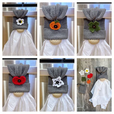 "This is NOT a pattern... If you're looking for fun kitchen decor, then this Gnome kitchen towel holder is what you need!! Each Gnome is knit with a plastic ring inside the hat to hold any kitchen towel. This allows for easy washing and changing of your towels without losing your cute decor!  Each Gnome is Gray knit and comes with an interchangeable button for the holidays and a small pouch to store them in!! 1) flower 2) 4 leaf clover 3) pumpkin 4) snowflake 5)heart I also offer the option to p Gnome Towel Holder, Gnome Towel Topper, Angels Crochet, Knit Gnome, Fun Kitchen Decor, Towel Toppers, Crochet Towel Holders, Crochet Towel Topper, Addi Knitting Machine