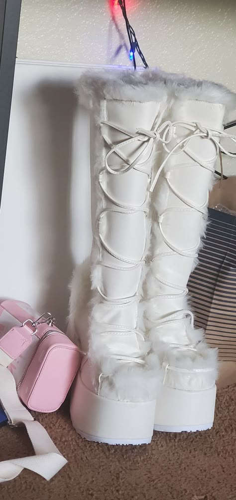 Fur Demonia Boots, Fluffy White Demonia Boots, White Fluffy Demonia Boots, Fluffy White Boots, White Fluffy Boots, Fluffy Winter Boots, Angelcore Shoes, White Demonia Boots, Snow Boots Aesthetic