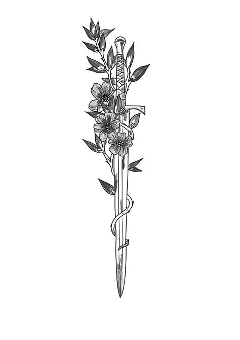 Swords Spine Tattoo, Swords Back Tattoo, Dager Tattoos For Women, Knife With Flowers Tattoo, Dagger With Flowers Tattoo, Floral Dagger Tattoo, Dager Tattoos, Feminine Dagger Tattoo, Gothic Tattoos