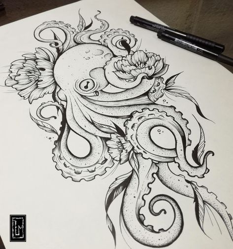 Octopus Flower Tattoo Design, Ocean Inspired Sleeve Tattoo, Flower Octopus Tattoo, Octopus And Flowers Tattoo, Octopus With Flowers Tattoo, Octopus Flower Tattoo, Octopus Sleeve Tattoo Women, Full Side Tattoo, Octopus Tattoo Design Sketches