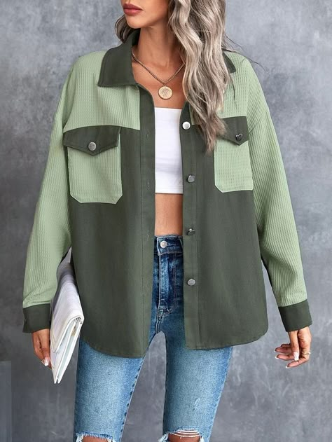 Coudroy Dress Outfit, Coudroy Jacket Outfits, Outfit Ideas Green, Colorful Dresses Casual, Buttoned Down Shirt, Drop Shoulder Coat, Blouse Casual Fashion, Trendy Shirt Designs, Iranian Women Fashion