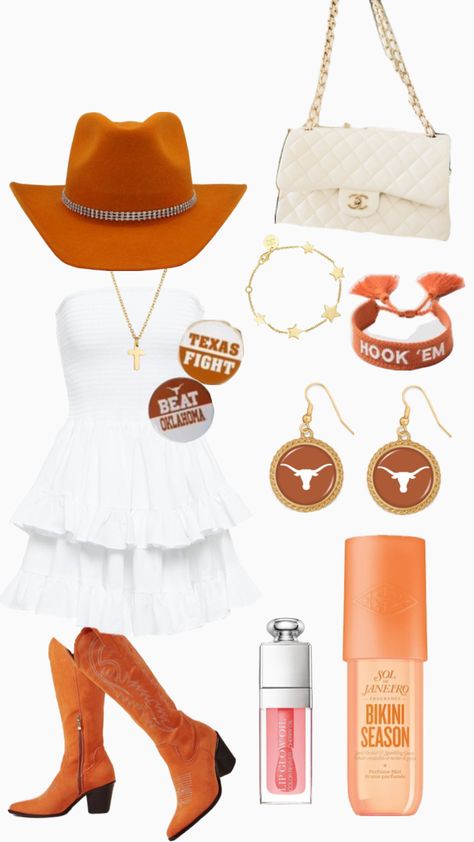 #utaustinoutfits #gamedayoutfits#utaustin #outfits Longhorn Gameday Outfit, Alabama Gameday Outfit, Texas Longhorns Outfits, Rush Week Outfits, Cute College Outfits, College Gameday Outfits, Charleston Style, Ut Austin, Tailgate Outfit