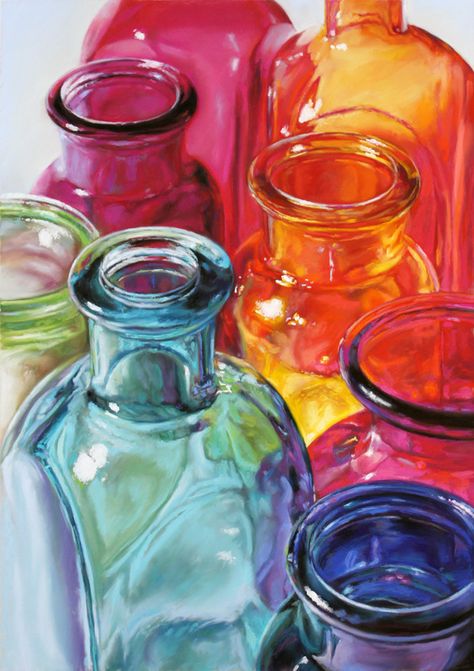 I'm particularly fond of "shiny things" and enjoy painting the surprising reflections in glass and metal. Colorful Glass Bottles, Colored Glass Bottles, Reflection Art, Oil Pastel Paintings, Still Life Photos, Still Life Drawing, Painting Still Life, Still Life Art, Beginner Painting