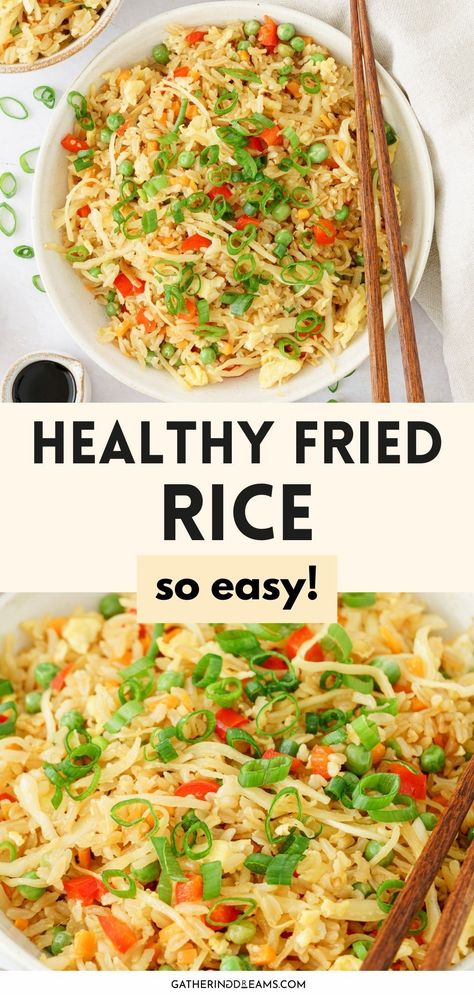 Try this easy healthy fried rice recipe for a tasty meal packed with veggies and good ingredients. Fried Rice Veggie, Healthy Pork Fried Rice Recipe, Healthy Veggie Fried Rice, Vegetarian Meals With Rice, Fast Filling Dinner, Hibachi Yum Yum Sauce, Healthy Fried Rice Recipe, Veggie Dinner Ideas, Using Leftover Rice