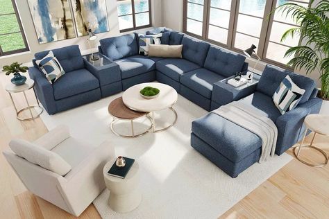 Drew & Jonathan Modularone Navy Blue Textured 8 Pc With Chaise Right Consoles Arm Sectional | Rooms to Go Modern Farmhouse Living Room Blue Couch, All Blue Living Room, Navy Leather Couch, Navy Blue Couch Living Room, Navy Blue Couch, Navy Blue Sectional, Navy Blue Couches, Sectional Living Room Decor, Navy Couch