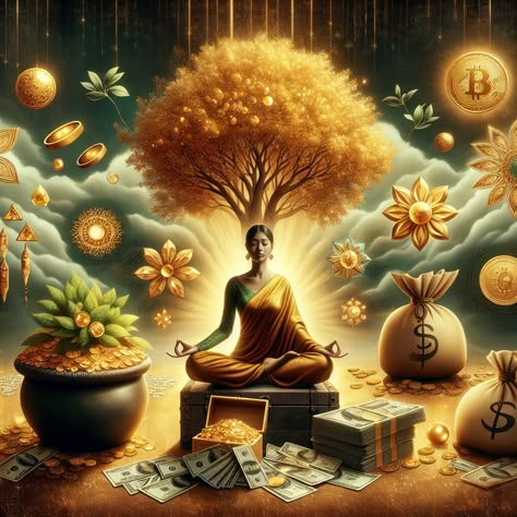 Elevate your wealth manifestation journey with our AI-created image, encapsulating prosperity symbols - glowing money tree, golden coins, jewels, and cash. It's all interlaced with a meditating person, visualizing their financial goals. More at the link. #WealthManifestation #Abundance #Prosperity #PersonalGrowth #SuccessMindset #FinancialGoals Prosperity Images, Abundance Images Spiritual, Abundance Images Wealth, Money Abundance Images, Wealth Visualization, Money Goddess, Financial Abundance Images, Wealth Prosperity Abundance, Money Meditation