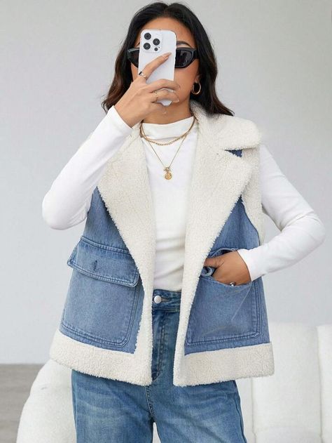 Free Returns ✓ Free Shipping✓. SHEIN Essnce Women's Sleeveless Colorblock Denim Jacket- Women Coats at SHEIN. Purple Closet, Turkish Outfit, Corduroy Outfit, Jacket Outfit Women, Blouse Casual Fashion, Sherpa Vest, New In Fashion, Peacoats, Hijabi Outfits Casual