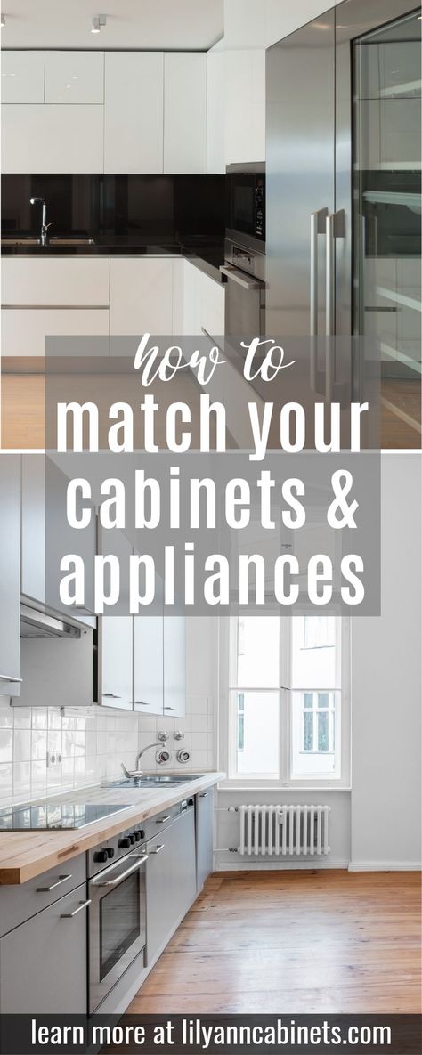 Ever wondered how to match your kitchen cabinets and appliances? Not to worry! We're going over the best appliances for each cabinet style + color. Stainless steel appliances, white, black, grey, + more! From your fridge to your stove, its important to match your cabinets to your appliances. Visit LilyAnnCabinets.com today to shop our premium selection of RTA cabinetry for every appliance style! #KitchenCabinets #KitchenAppliances | Kitchen Design Blog Light Gray Kitchen Cabinets With Black Stainless Steel Appliances, Kitchen Cabinet Color With White Appliances, Dark Cabinet White Appliances, Dark Grey Appliances Kitchen, White Vs Stainless Steel Appliances, Kitchen Cabinet Colors With Stainless Steel Appliances, Cabinet Color With Black Appliances, Black Stove Kitchen Ideas, Kitchen Colors With Stainless Appliances