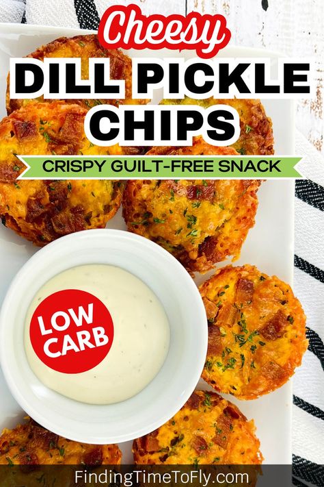 If you love fried pickles, you'll love this low carb version of a pickle chip. Made with only 3 ingredients and dipped in ranch dressing, these crispy, cheesy chips will satisfy your chip cravings. Dill Pickle Cheddar Cheese Chips are an easy, low carb snack idea. Great low carb snack idea and easy to make. Ranch Appetizers, Cheesy Chips, Dill Pickle Chips, Pickle Chips, Crispy Cheese, Cheese Chips, Low Carb Snack, Fried Pickles, Low Carb Baking