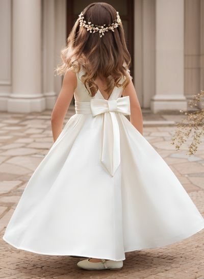 A-Line Scoop Neck Sleeveless Satin Flower Girl Dresses With Bow(s)/Beading - Missacc Satin Flower Girl Dresses, Satin Flower Girl Dress, Wedding 2025, Satin Flowers, Mom Dress, Bride Dresses, Pink Candy, Evening Dresses Prom, Mother Of The Bride Dresses