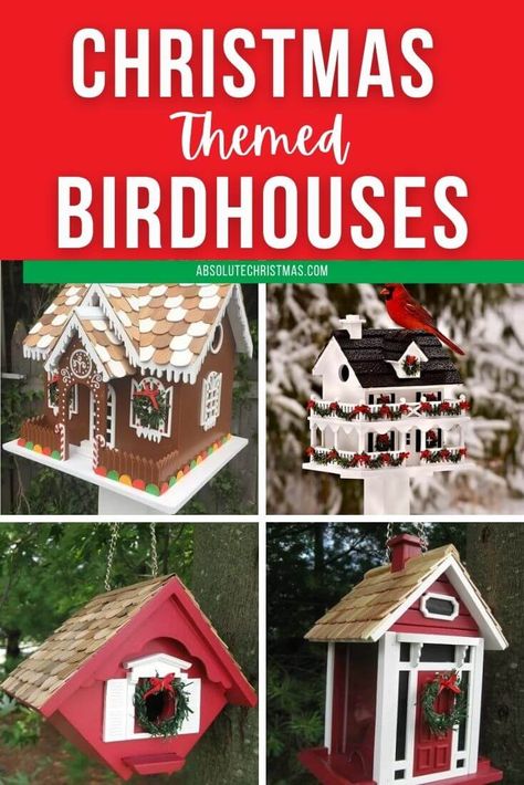 These holiday bird feeders are decked out with Christmas decorations. Christmas themed birdhouses look great in the yard, on the porch or balcony and the birds love them too! #christmasdecorating Xmas Bird Houses, Christmas Birdhouses Diy, Christmas Bird Feeder, Bird House Christmas Village, Bird House Christmas Decor, Christmas Birds Decorations, Birdhouse Christmas Ornaments, Christmas Bird Houses Ideas, Gingerbread Birdhouse Ideas