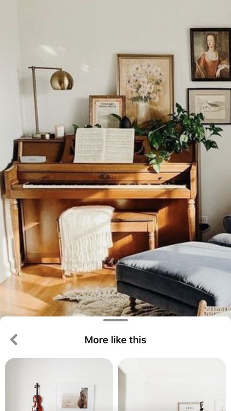 Piano Sitting Area, Photos Above Piano, Tall Piano Decor, Mid Century Modern Piano Room, Living Room Upright Piano, Styling Piano Top, Front Room With Piano, Family Room With Piano, Piano Styling Upright