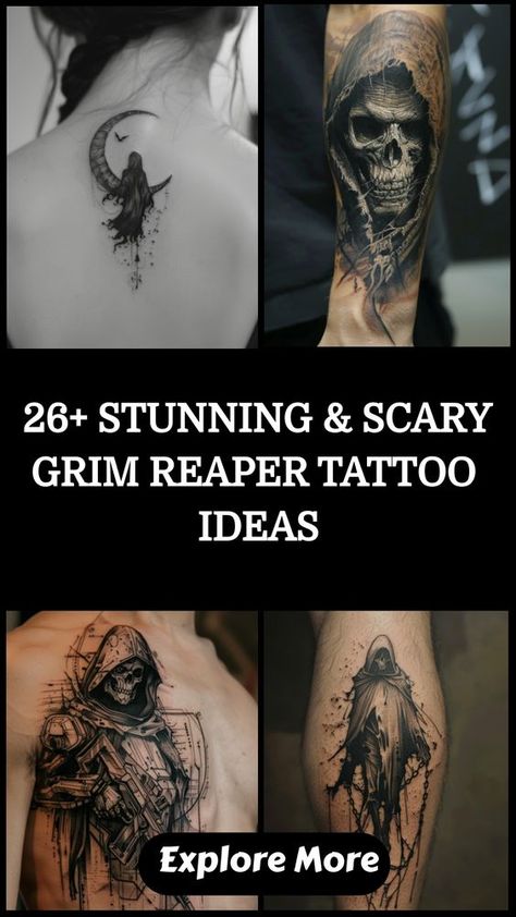 Thinking about getting a tattoo? Whether you’re a tattoo newbie or have been getting inked for years, choosing the right tattoo for you is such a personal journey. Thankfully, men’s tattoo styles have grown so varied, and there are many paths to finding the perfect tattoo for you right now. Scary Grim Reaper Tattoo, Woman Reaper Tattoo, Grim Reaper Black And White, Reaper With Hourglass Tattoo, Reaper Forearm Tattoo, Scary Tattoos For Men, Grim Reaper Tattoo Stencil, Grim Reaper Tattoo Designs Drawings, Grim Reaper Tattoo Ideas