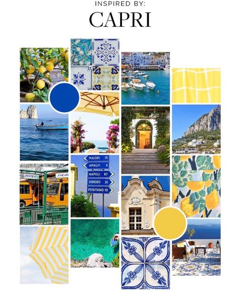 Inspired by Capri Italy Theme Bathroom, Amalfi Style Interior, Amalfi Coast Inspired Patio, Amalfi Mood Board, Amalfi Colour Palette, Capri Interior Design, Capri Inspired Decor, Capri Home Decor, Capri Inspired Party