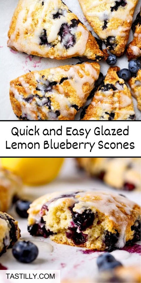 Soft, flaky, buttery, and filled with juicy blueberries, these Glazed Lemon Blueberry Scones are topped with sweet and tangy lemon glaze. Enjoy this refreshing twist of lemon and blueberry with this effortless recipe, perfect for beginners. Mango Scones, Blueberry Scones Easy, Fresh Blueberry Recipes, Lemon Blueberry Scones, Blueberry Lemon Scones, Berry Scones, Blueberry Scones Recipe, Lemon And Blueberry, Mom Breakfast