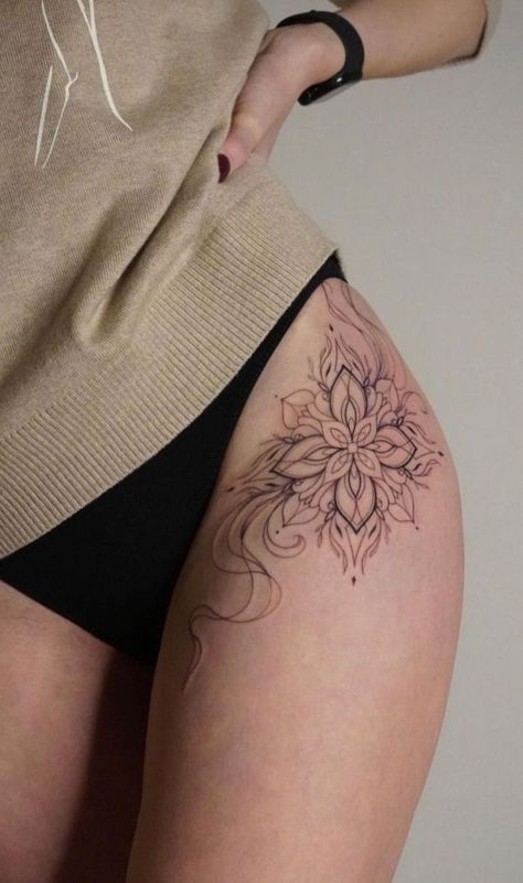 Hip Tattoos For Women, Mandala Hip Tattoo, Mandala Thigh Tattoo, Hip Tattoo Designs, Flower Tattoo Ideas, Hip Thigh Tattoos, Hip Tattoos, Cross Tattoos For Women, Hand And Finger Tattoos