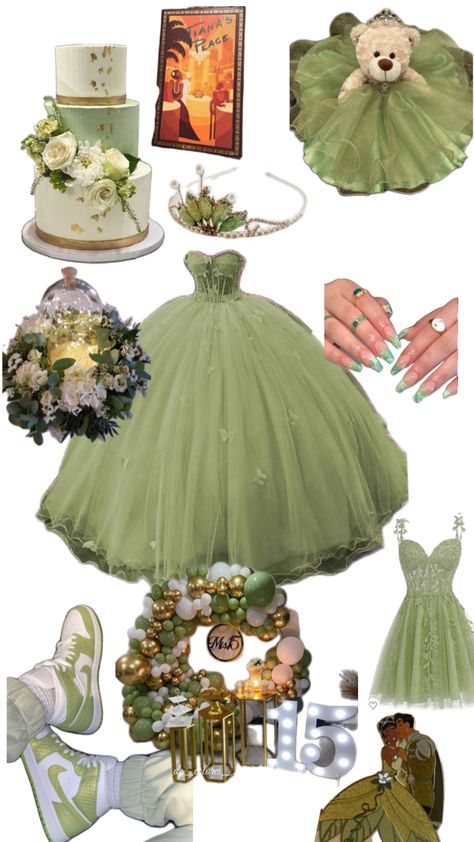 Enchanted Forest Quinceanera Theme, Sweet 16 Party Planning, Green Quinceanera Theme, Princess Tiana Dress, Tiana Wedding, Princess Tiana Birthday Party, Tiana Birthday Party, Princess Sweet 16, Sweet 15 Party Ideas Quinceanera