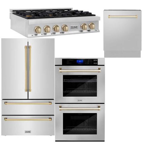 Save with our ZLINE Autograph Edition Stainless Steel & Gold Kitchen Appliances Bundle at The Home Depot. We have the best prices on the newest Package Title to breathe new life into the heart of your home. White And Gold Stove Range, Stainless Steel Fridge With Gold Handles, Gold Kitchen Fixtures With Stainless Steel Appliances, Cafe Stainless Appliances, Gold Kitchen Knobs With Silver Appliances, Kitchen Remodel Appliances, Jen Air Appliances, High End Kitchen Appliances Luxury, Stainless Steel With Gold Hardware