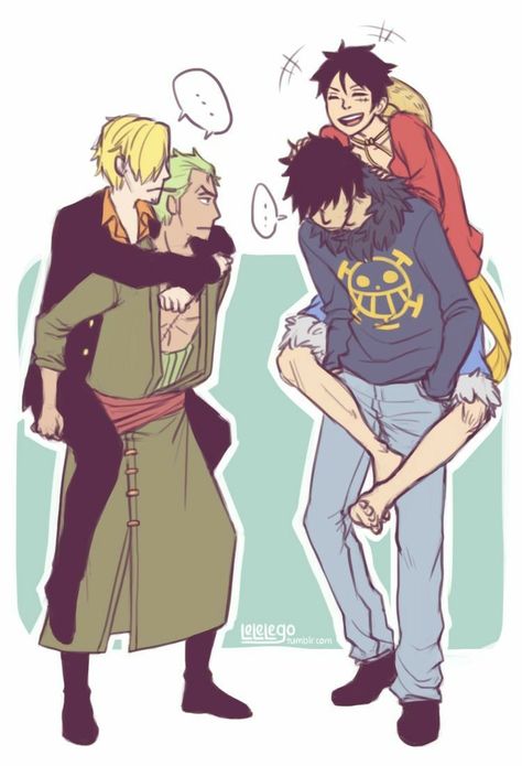 Zoro, Sanji, Law, Luffy, piggyback, yaoi, funny, cute, LawLu, ZoSan, text; One Piece Sweet Soul, Stunning Wallpapers, The Story, Dj, Sleep, Wallpapers, Books