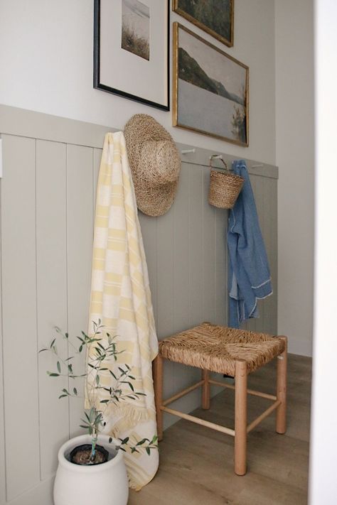 Easy Weekend Mudroom Refresh with a DIY Peg Rail and Shiplap Wall - Chelsey Freng Entryway Peg Rail, Bathroom Shiplap Wall, Beadboard Hallway, Diy Peg Rail, Mini Mudroom, Woven Ottoman, Peg Rail, Easy Weekend Projects, Installing Shiplap