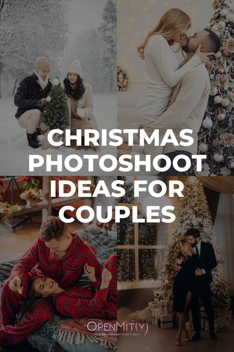 Christmas photo-shooting tips & ideas for couples to show the love Christmas Tree Couples Pictures, Christmas Anniversary Photoshoot, Holiday Photo Ideas For Couples, Casual Couple Christmas Pictures, Couple Christmas Pajamas Photoshoot, Cute Christmas Poses For Couples, Christmas Photoshoot For Couples, Christmas Bourdier Photoshoot, Christmas Engagement Photos Outfit