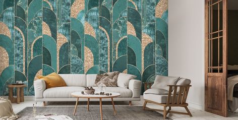 25 Living Room Wallpaper Ideas You'll Love Teal And Gold Wallpaper, Miami Wallpaper, Green Sofa Living Room, Black Velvet Sofa, Muted Teal, Tapete Gold, Wallpaper Art Deco, Living Room Transformation, Teal Cushions